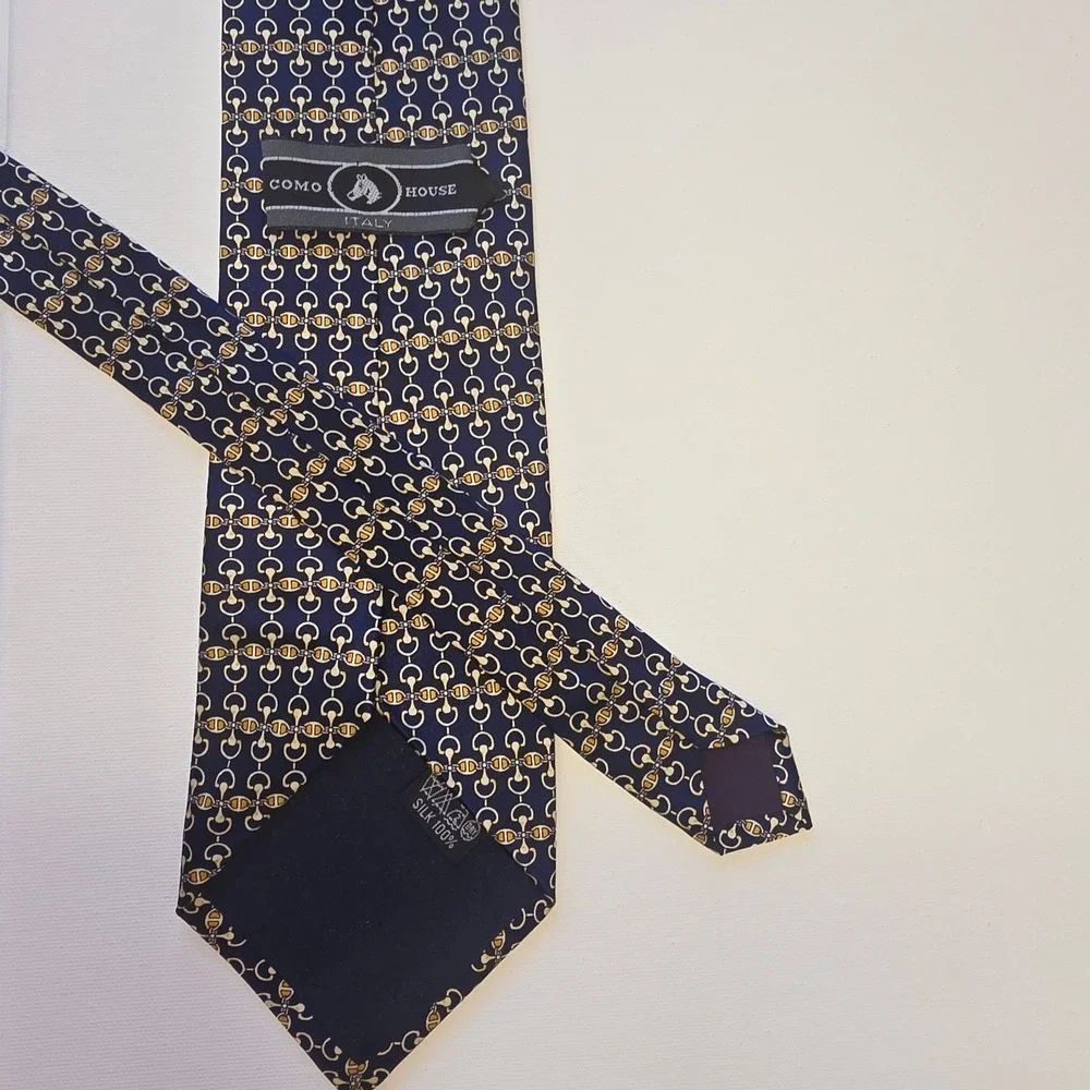 Como House Italy Silk Tie Navy Blue Gold Horsebit Chain Link Equestrian Mens